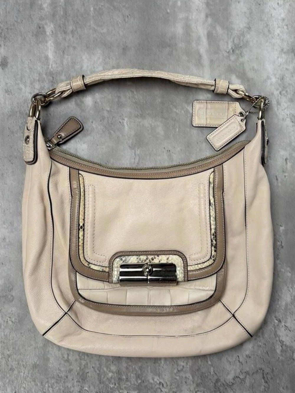 Coach Cream Leather Shoulder Hobo with Taupe Trim